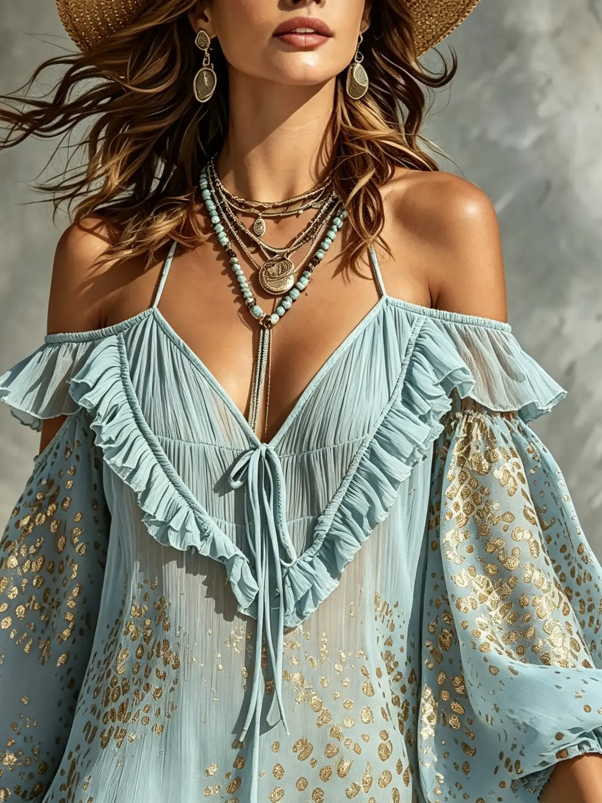 Damen Mini-Strandkleid mit Goldfolie, Leopardenmuster, Rüschen, schulterfrei und Puffärmeln