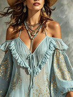 Damen Mini-Strandkleid mit Goldfolie, Leopardenmuster, Rüschen, schulterfrei und Puffärmeln