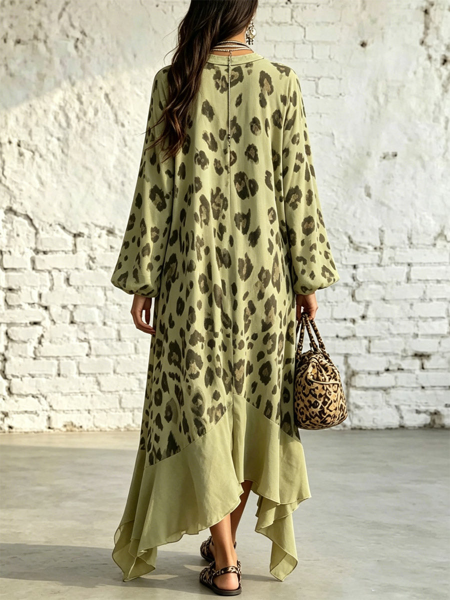 Damen Kleid mit Leopardenmuster, locker, künstlerisch, lässig und stilvoll, mit langen Ärmeln