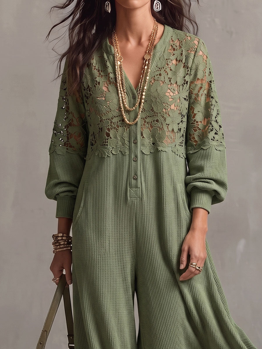 Vintage eleganter Jumpsuit mit Waffel-Patchwork und Spitzen-Ausschnitten