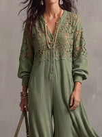 Vintage eleganter Jumpsuit mit Waffel-Patchwork und Spitzen-Ausschnitten