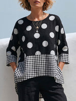 Damen Casual Lockeres Baumwoll-Leinen-Oberteil mit Polka-Dot- und Karomuster-Einsätzen, Rundhalsausschnitt und 3/4-Ärmeln