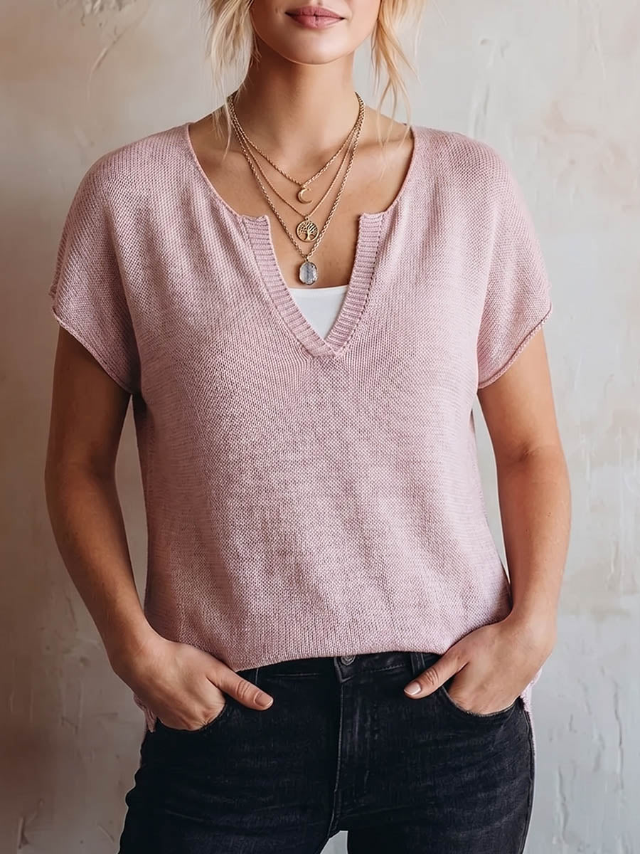 Damen V-Ausschnitt Kurzarm Lässiger Lockerer Strickpullover
