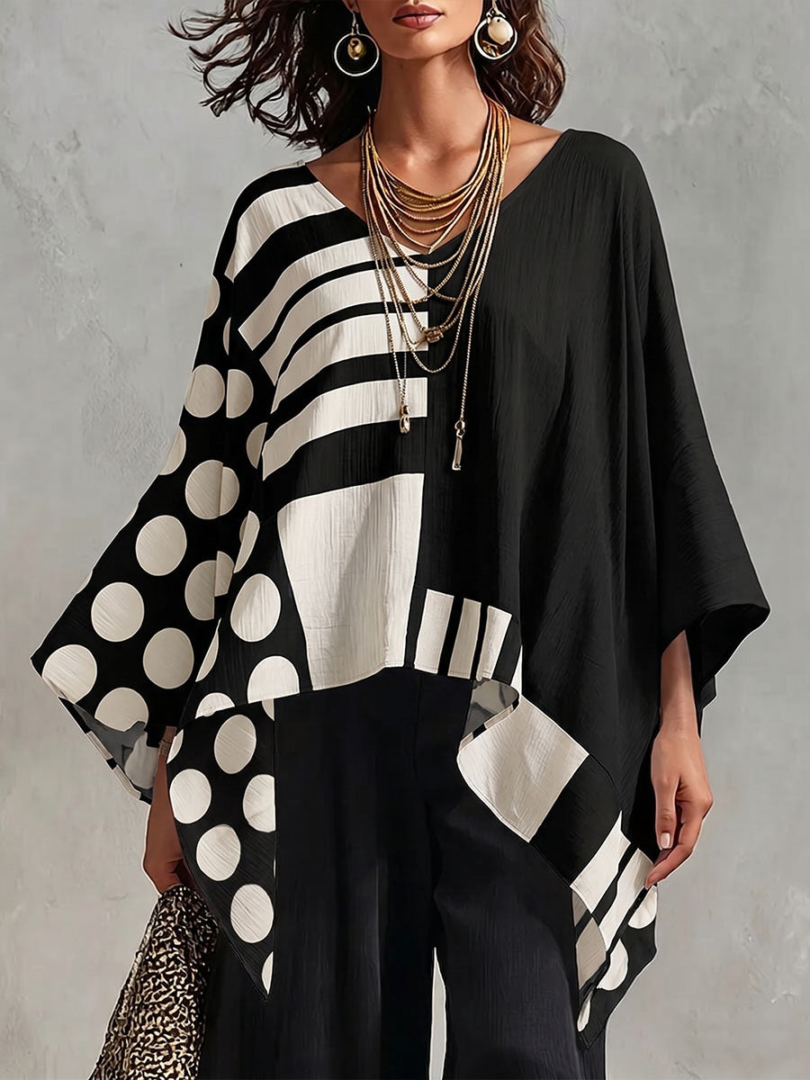 Top casual da donna in cotone e lino, scollo a V, maniche 3/4, stampa a pois e geometrica, vestibilità ampia