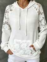 Damen Kapuzenpullover mit Blumen-Spitzenmuster, Raglanärmeln, Waffelstrick und Kordelzug