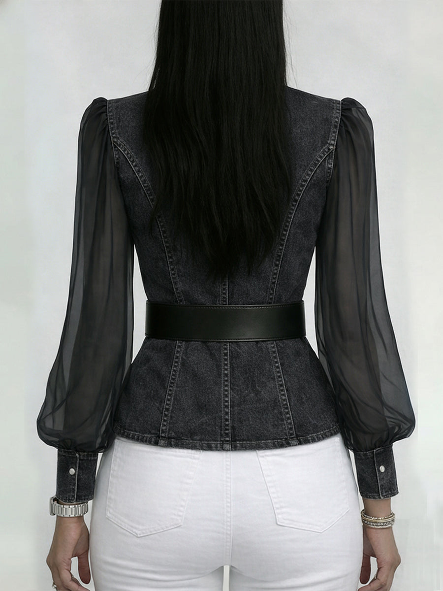 Elegantes, schlank geschnittenes Denim-Oberteil mit Organza-Ärmeln.