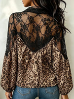 Women's Leopard Print Sheer Black Lace Spliced Puff Long Sleeve Blouse