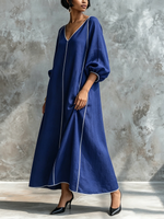 Vestido Minimalista Elegante de Algodão e Linho com Mangas Lanterna e Detalhe em Vivo