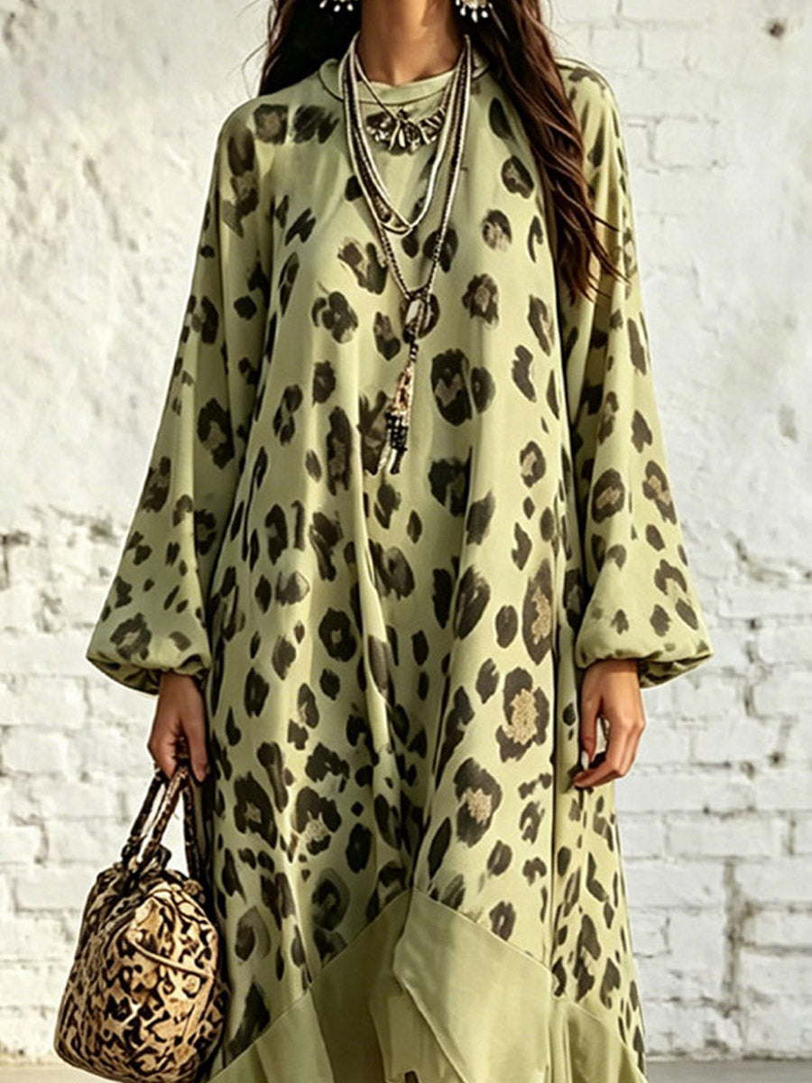Damen Kleid mit Leopardenmuster, locker, künstlerisch, lässig und stilvoll, mit langen Ärmeln