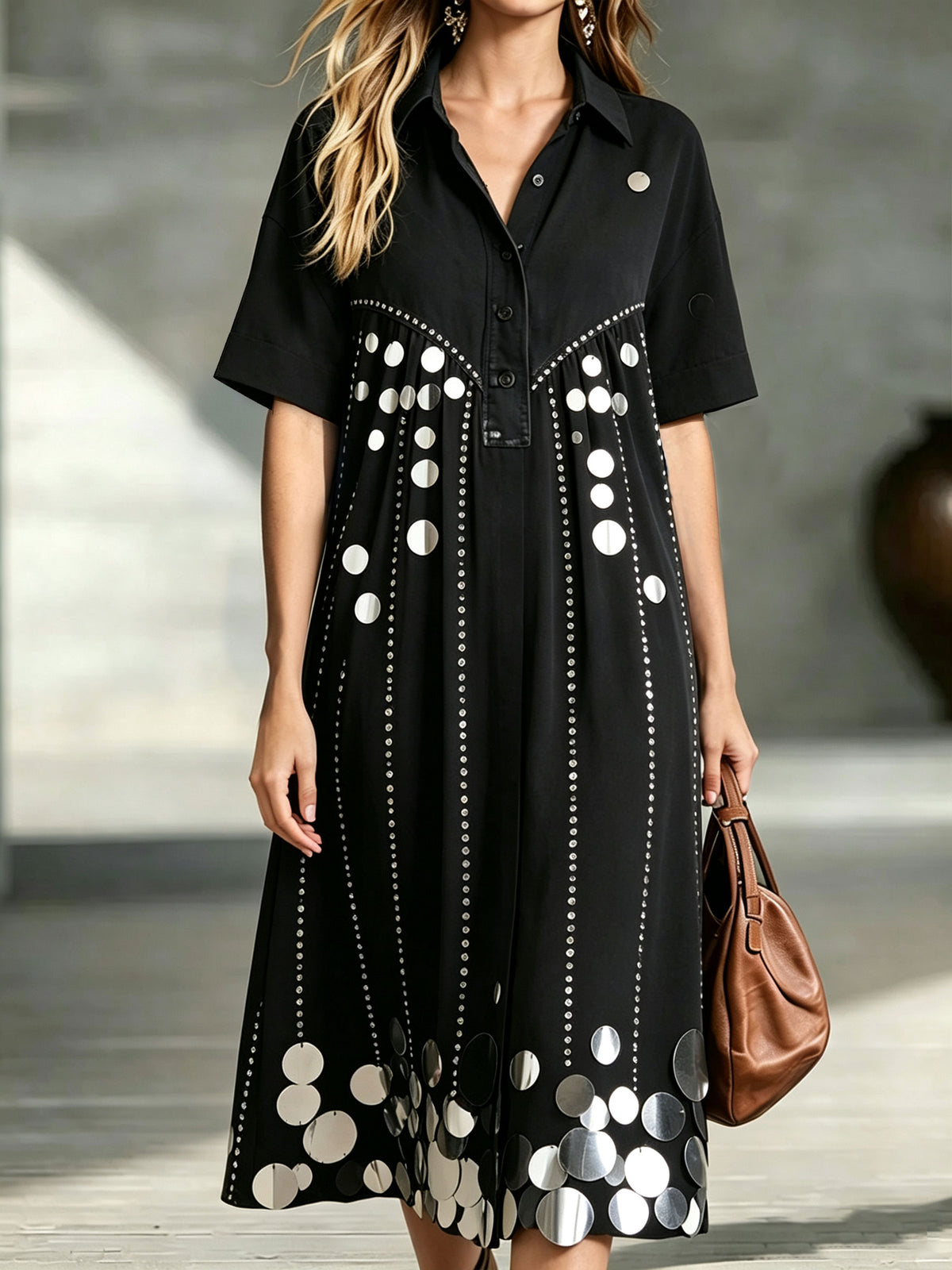 Midi-Kleid für Damen mit Pailletten-Scheibenverzierung, Kragen und kurzen Ärmeln