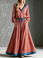 Retro Stripe Hooded Loose Art Casual 3/4 Sleeve Cotton Linen Long Dress