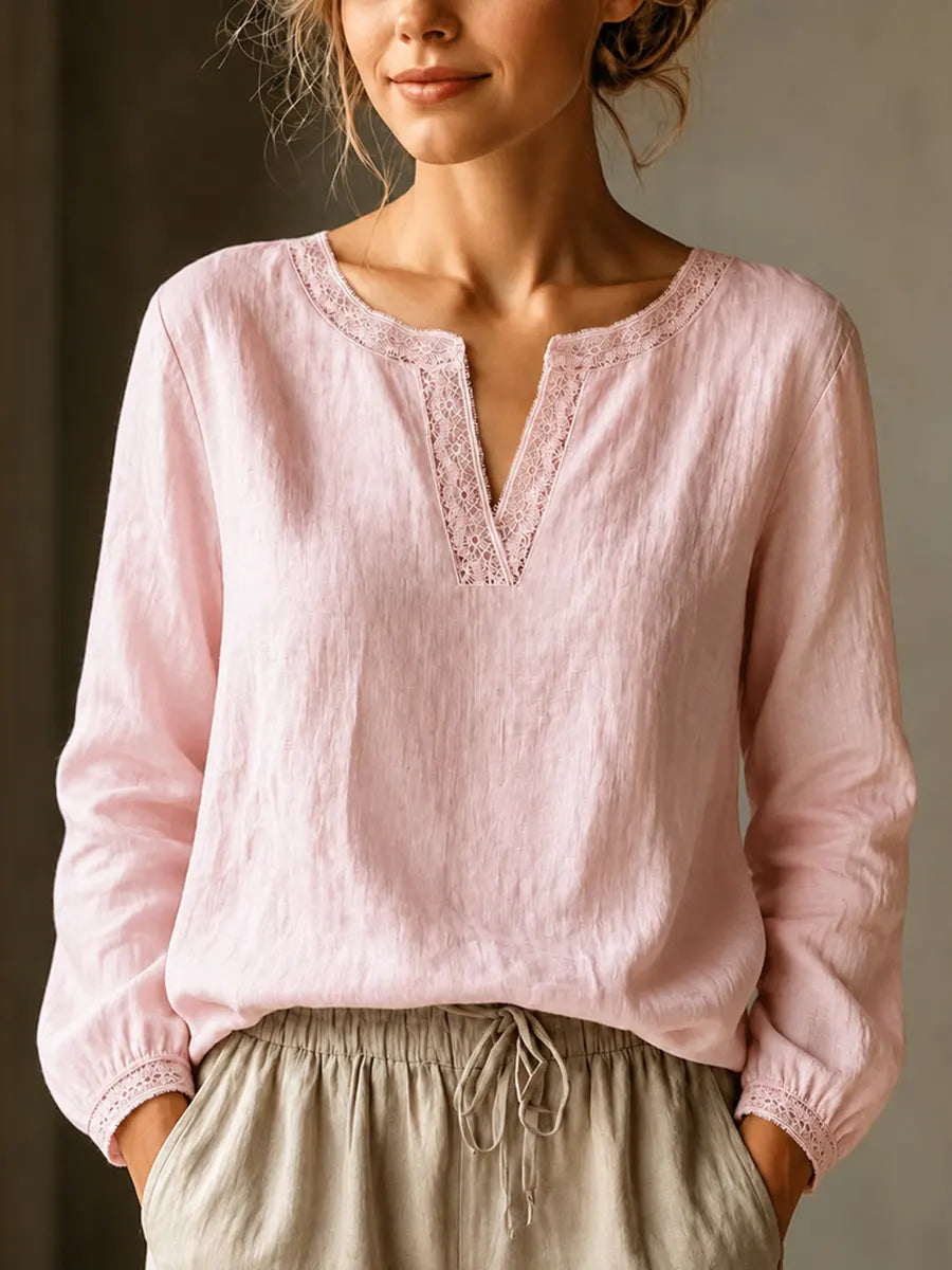 Elegante Bluse mit V-Ausschnitt aus Leinenmischung und Spitzenbesatz