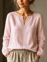 Elegante Bluse mit V-Ausschnitt aus Leinenmischung und Spitzenbesatz