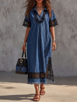 Vintage Art Comfortable Fabrics Hollowed Out Lace Patchwork Denim Dress