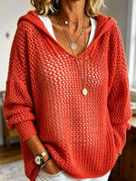 Maglione oversize da donna con cappuccio, lavorato a maglia aperta a rete e coulisse