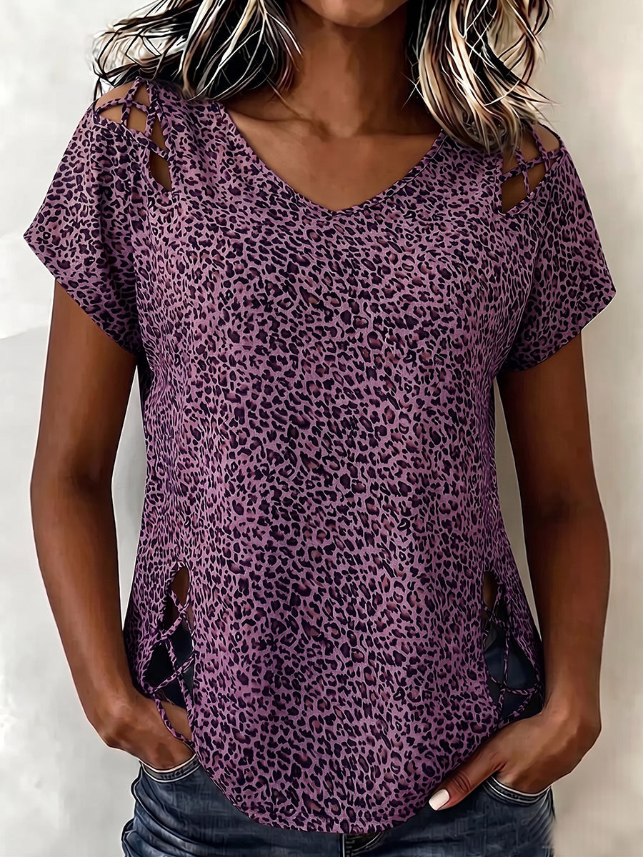 Top in cotone casual rilassato con stampa leopardata e ritagli