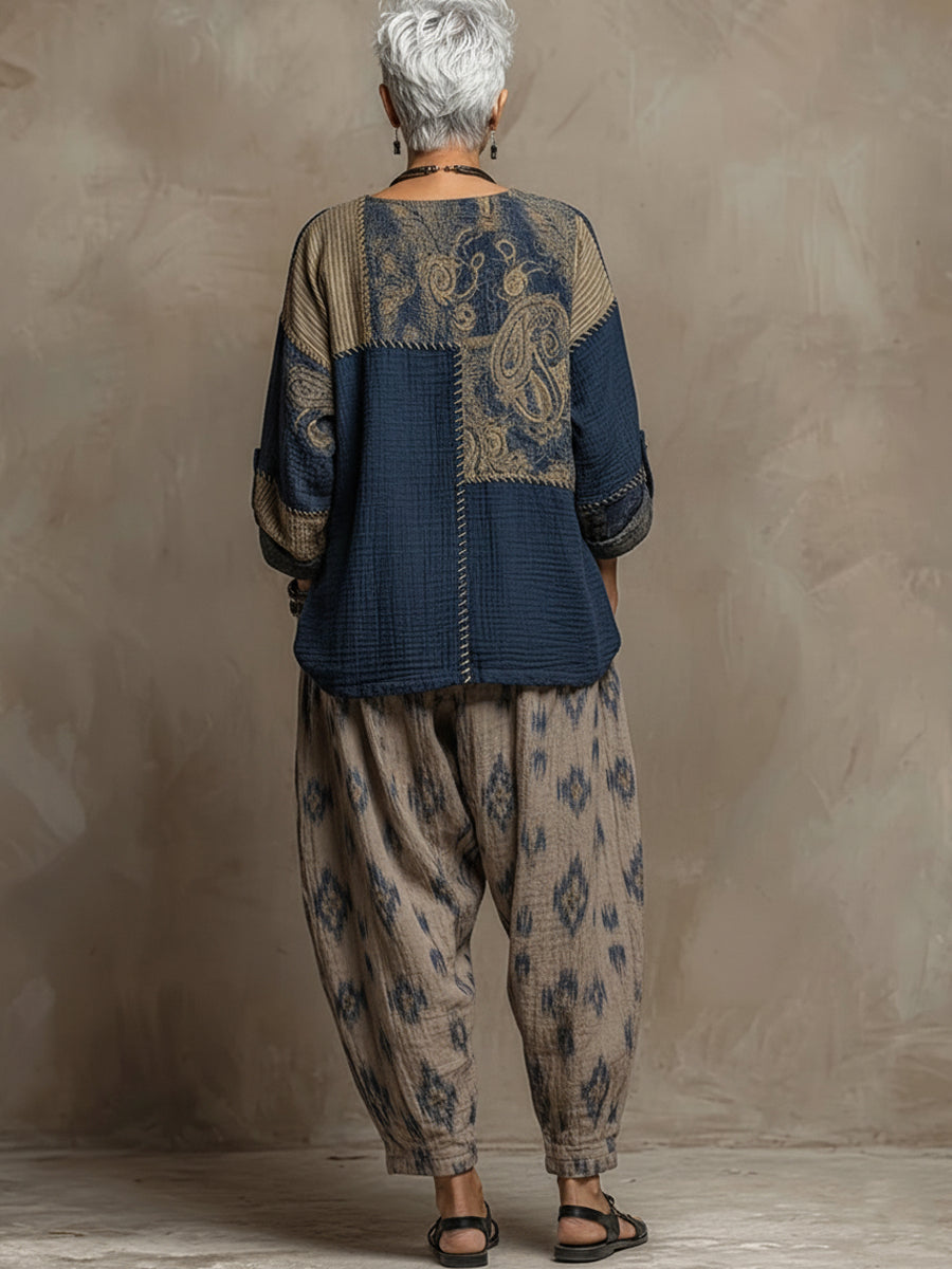 Completo due pezzi in lino e cotone con stampa paisley bohémien, composto da top e pantaloni
