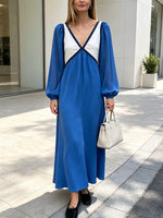 Schickes Color-Block V-Ausschnitt Lockeres Kunst Casual Langarmkleid