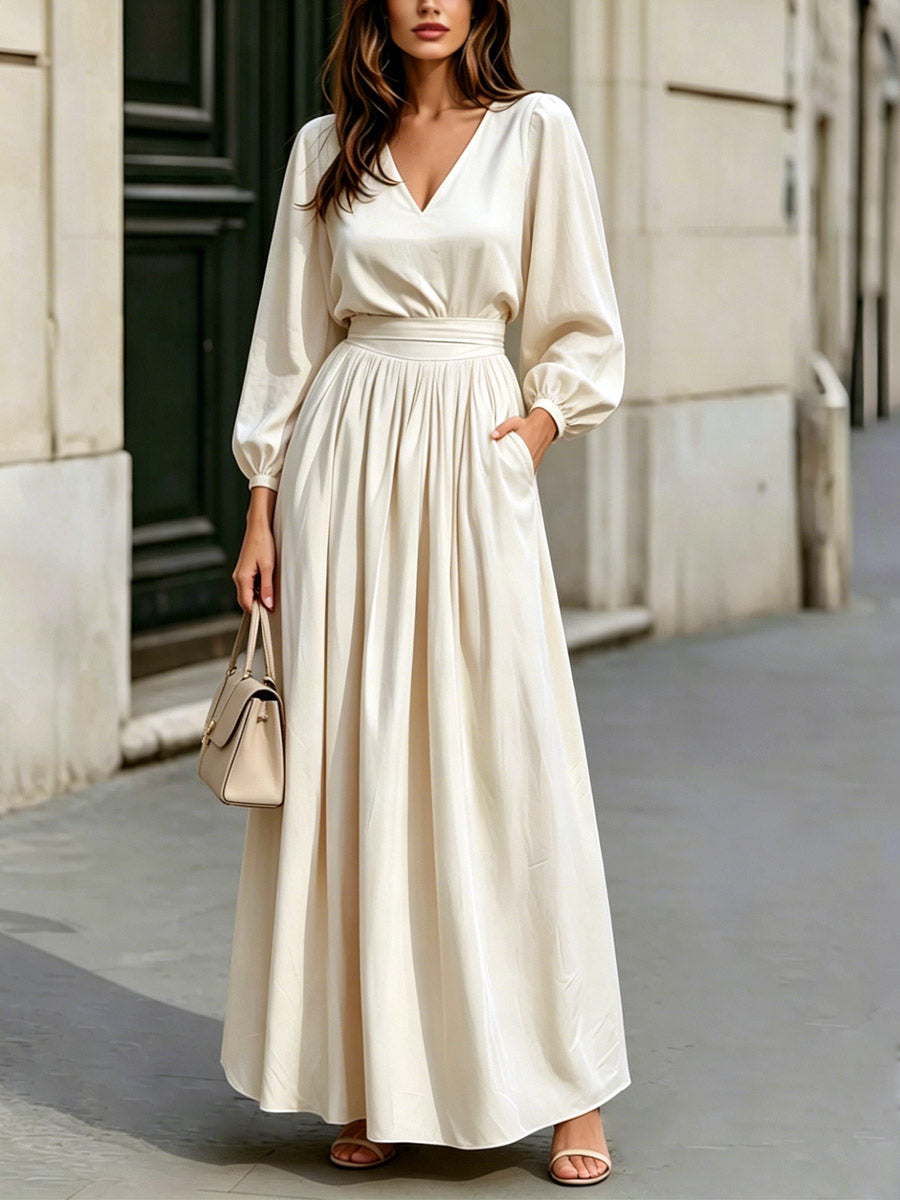 Vestido Maxi Casual Estiloso Retro para Mulher com Decote em V e Mangas Compridas