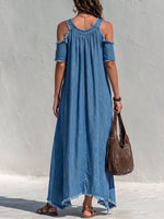 Damen Freizeit Denim-Kleid in lockerer A-Linien-Form mit Rundhalsausschnitt und kurzen Ärmeln