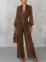 Vintage Jumpsuit mit Leopardenmuster, Reverskragen, Knopfleiste, elastischem Taillenbund, Puffärmeln, locker fallendem Stoff und weitem Bein
