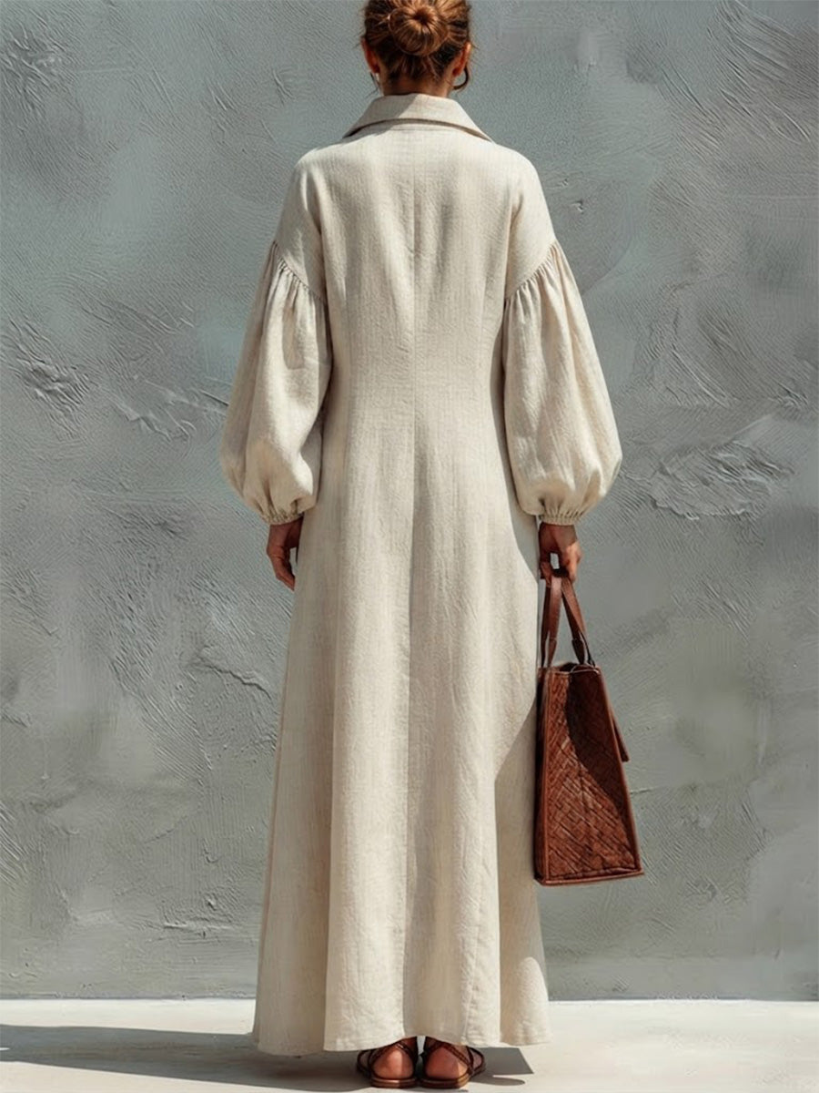 Leinenkleid im Boho-Stil in Uni-Farbe mit Reverskragen, Knopfleiste, Blumenmuster, Puffärmeln und voluminösem Rock