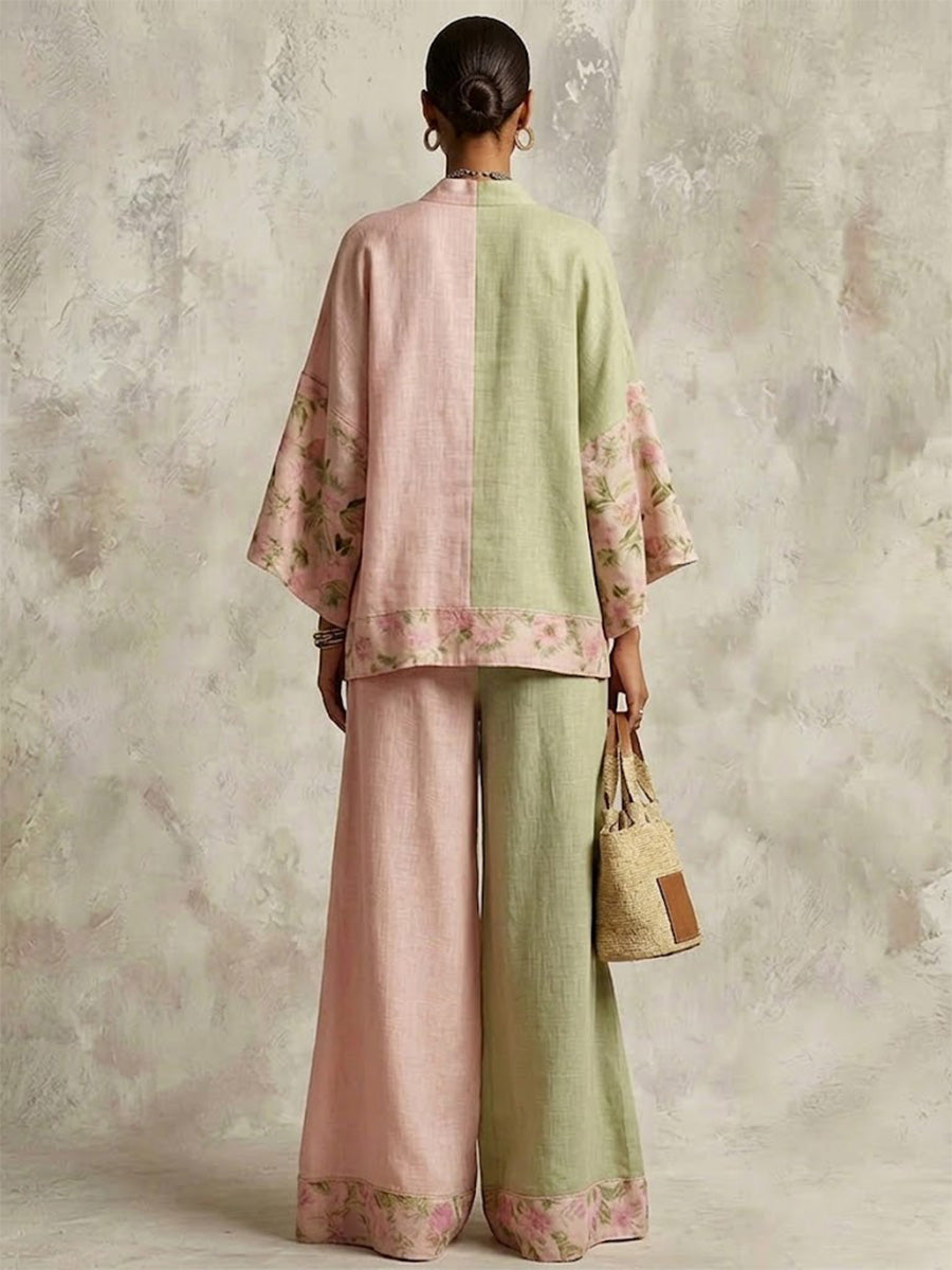 Conjunto de 2 piezas: blusa de lino mezcla con estampado floral en bloques de color rosa y verde, escote en V y mangas anchas, pantalones de pierna ancha