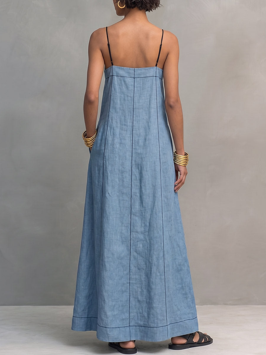 Damen Minimalistisches Trägerkleid aus Baumwoll-Leinen mit A-Linien-Schnitt und trägerlosem Oberteil