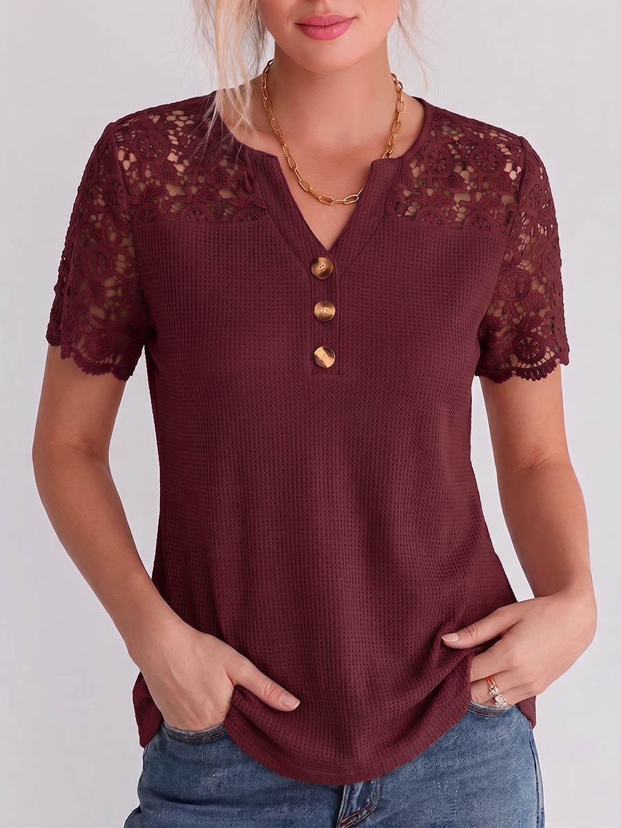 Damen Pullover mit V-Ausschnitt in Uni-Farbe, Waffelstrick, mit Spitzenstickerei – lässige, lockere Passform