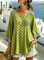 Damen Bluse mit Rundhalsausschnitt, 3/4-Ärmeln, zweifarbigem Polka-Dot-Muster und kontrastierenden Streifen im Patchwork-Stil