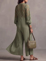 Vintage eleganter Jumpsuit mit Waffel-Patchwork und Spitzen-Ausschnitten