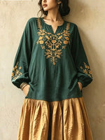 Damen Retro Ethnisches Blumenmuster Kunst Freizeit Stilvoll V-Ausschnitt Langarm Baumwolle Leinen Maxikleid