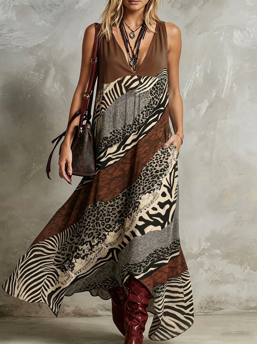 Abito lungo da donna in chiffon senza maniche con scollo a V e stampa mista animalier, con tasche laterali