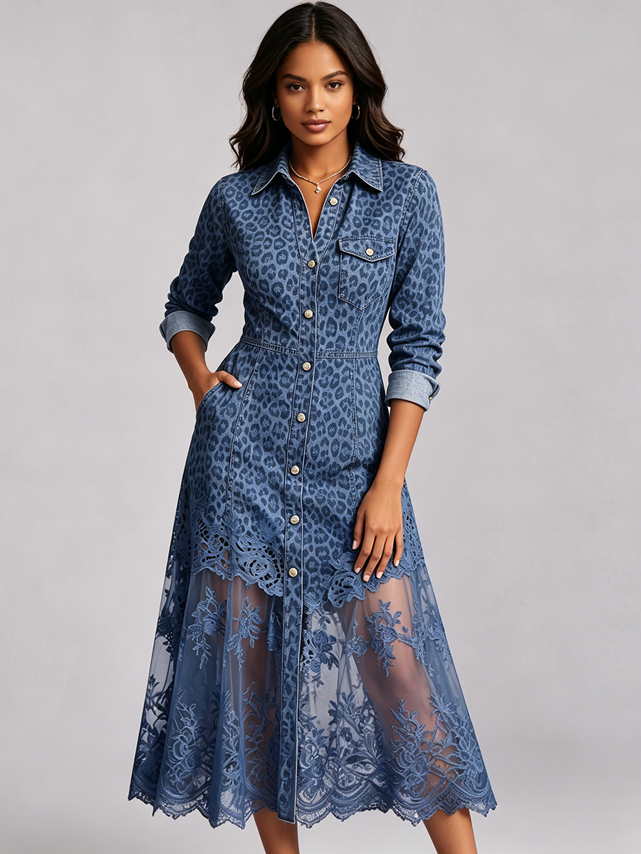 Sexy Jeanskleid mit Leopardenmuster und Spitzenabschluss