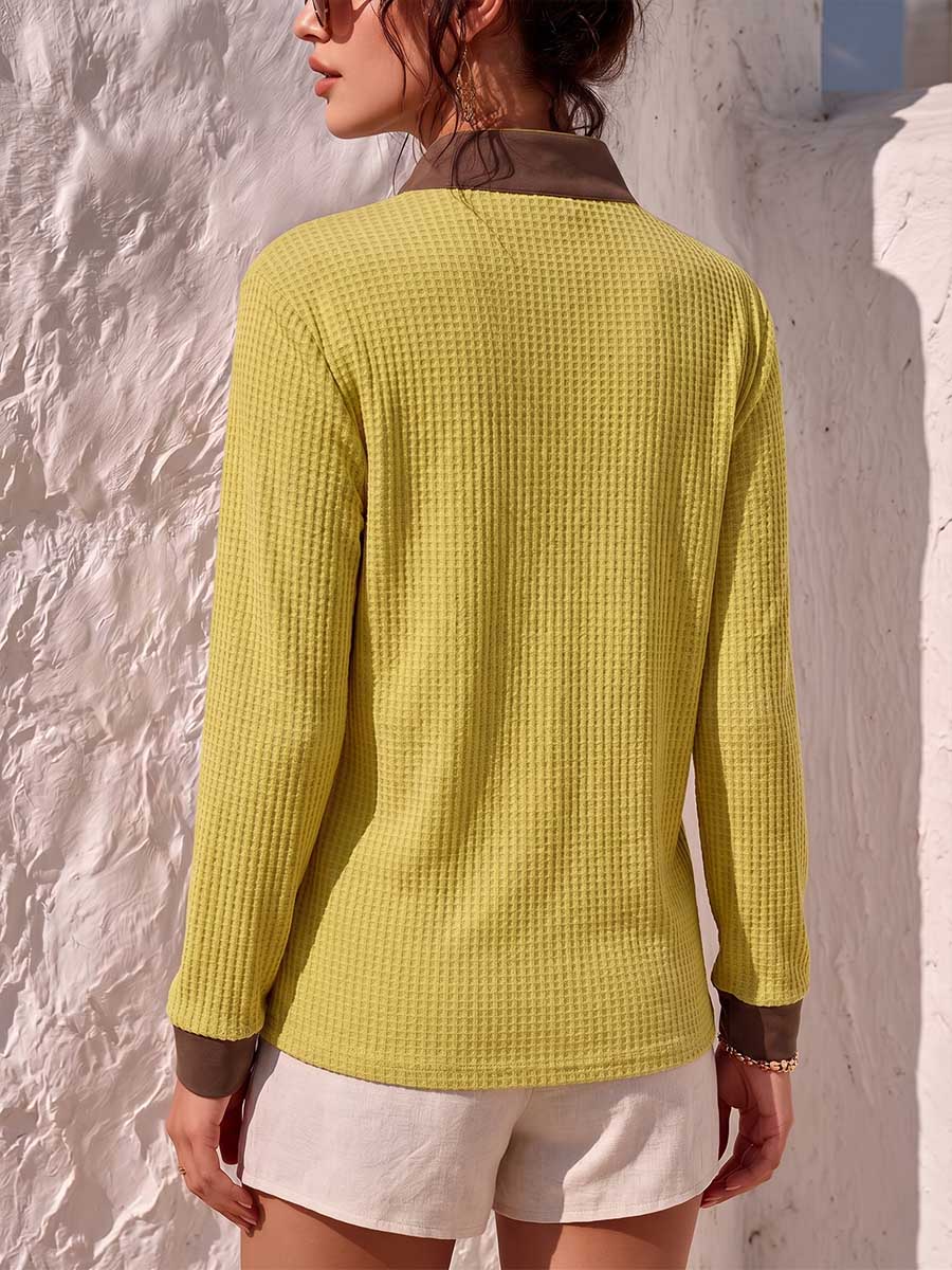Damen Stehkragen Langarm Locker sitzendes Waffelstrickshirt