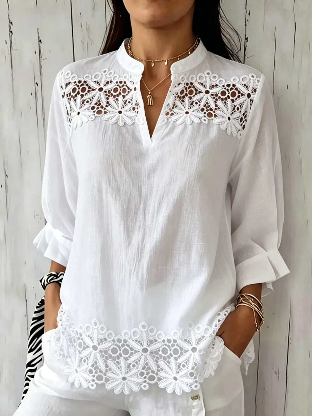 Damen Bluse mit einfarbigem Blumen-Augenloch-Spitzen-Stehkragen, 3/4-Ärmeln und lockerem Schnitt