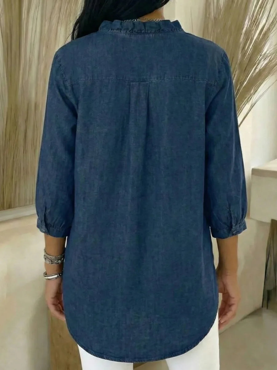 Camicia casual da donna in denim con scollo a V e volant
