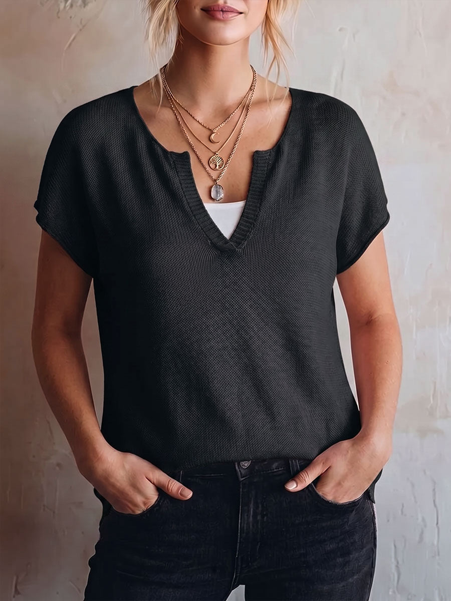Damen V-Ausschnitt Kurzarm Lässiger Lockerer Strickpullover