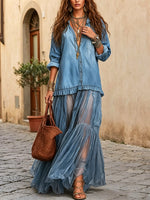 Abito lungo casual da donna in denim con rever retrò, organza e patchwork artistico