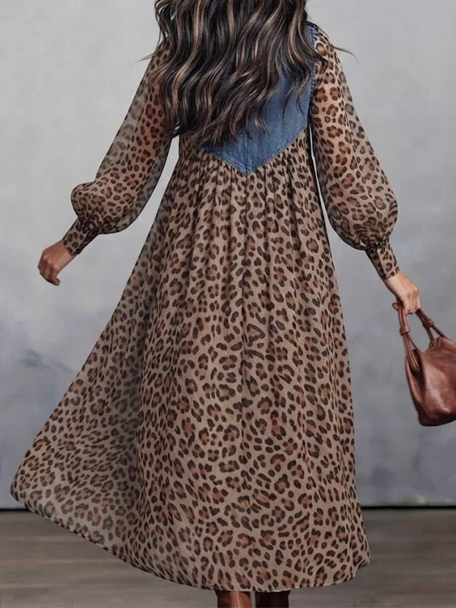 Waschbare Denim-Spitzen-Revers-Halbknopfleiste Laternenärmel Leopardenmuster Gesammeltes Lockeres Maxikleid mit Hemdkragen