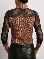 Damen Langarmshirt mit Leopardenmuster, locker geschnitten, mit Spitzenbesatz und Kragen