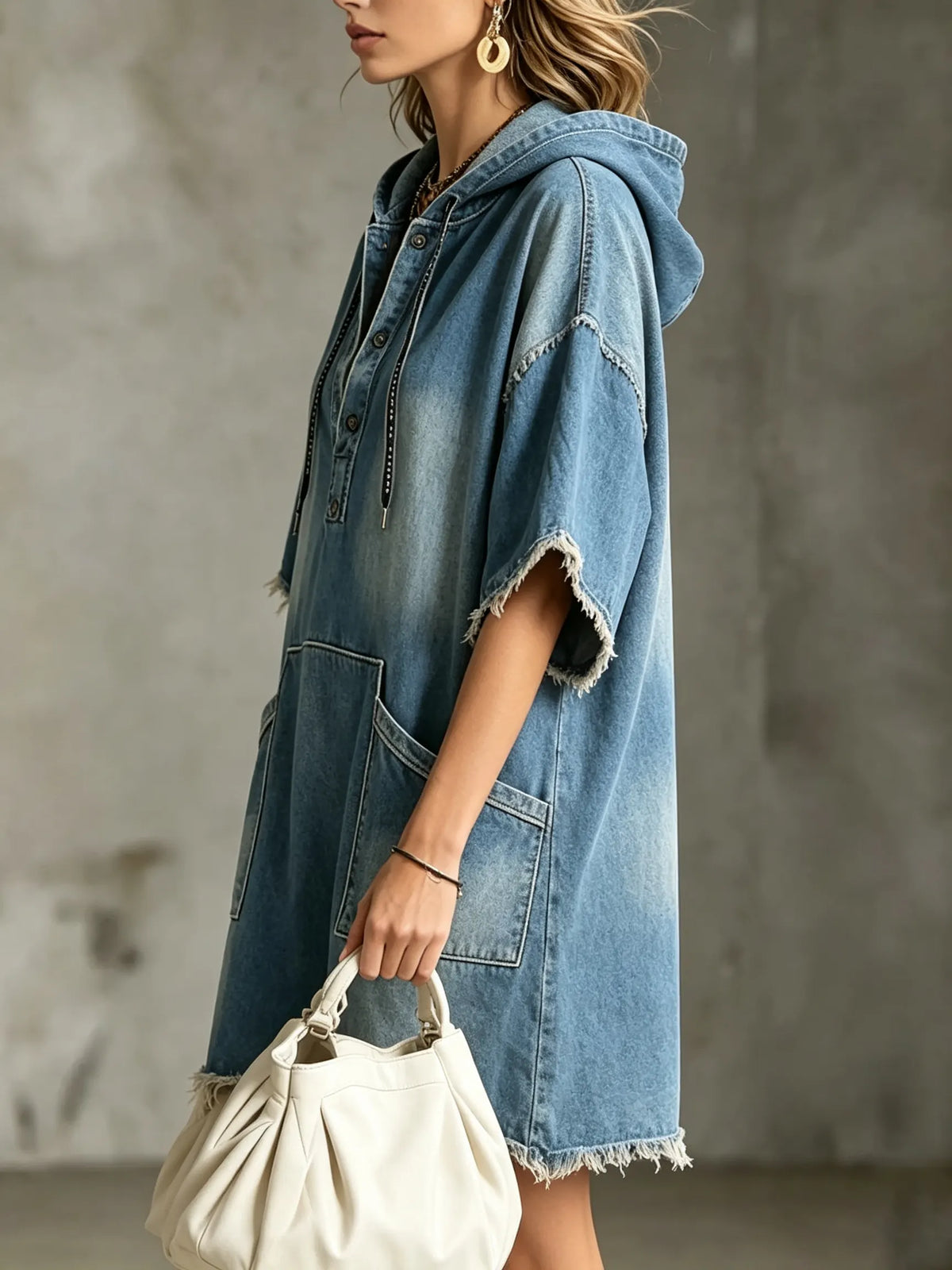 Vestito corto in denim da donna, tinta unita, effetto lavato, con cappuccio, tasca e maniche corte con bordo grezzo