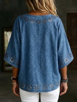 Boho-Chic Denim-Blumen-Augenausschnitt V-Ausschnitt Tunika