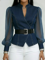 Elegantes, schlank geschnittenes Denim-Oberteil mit Organza-Ärmeln.