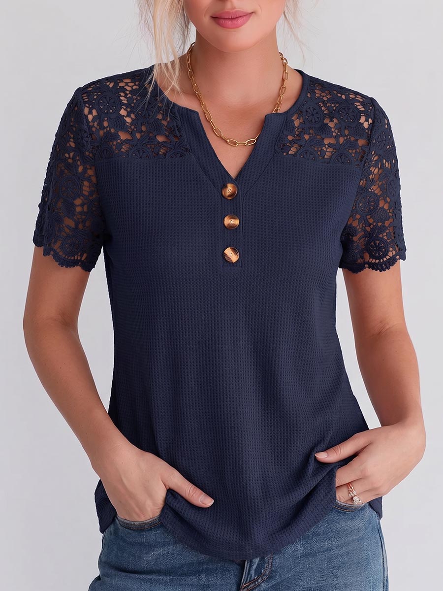 Damen Pullover mit V-Ausschnitt in Uni-Farbe, Waffelstrick, mit Spitzenstickerei – lässige, lockere Passform