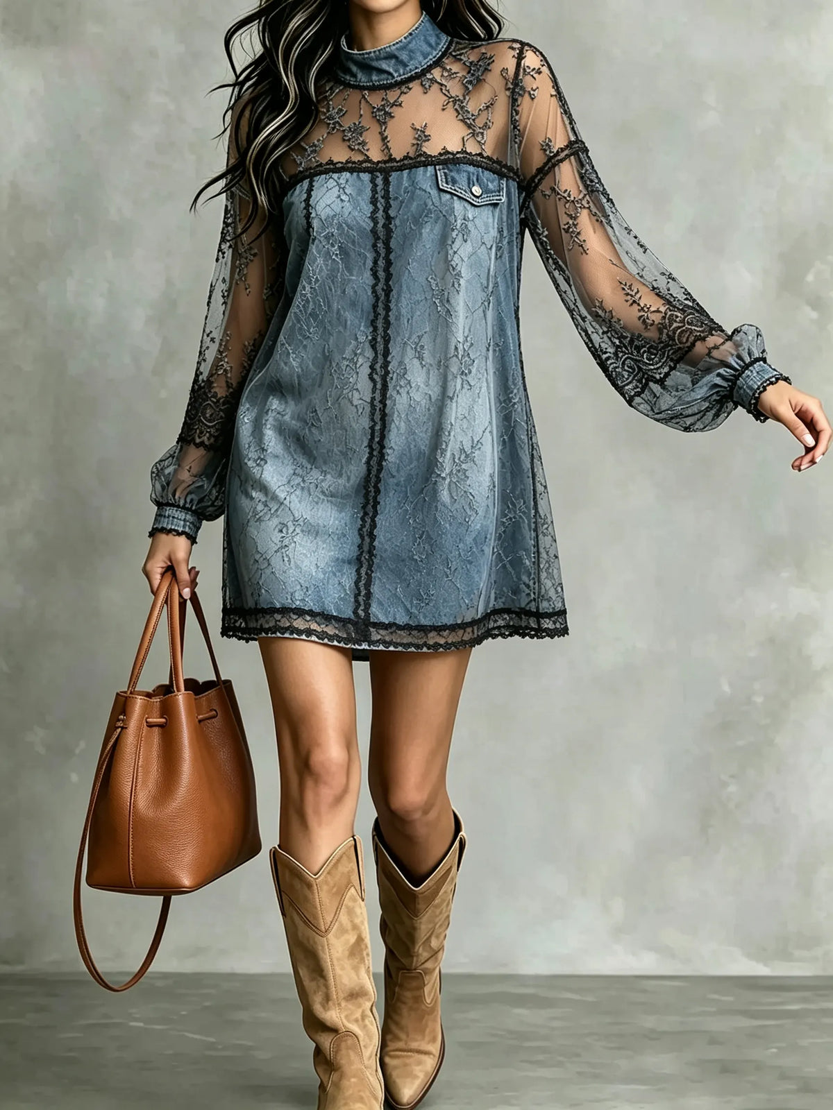 Vestido mini de mezclilla con mangas largas para mujer, con encaje negro y diseño de parches
