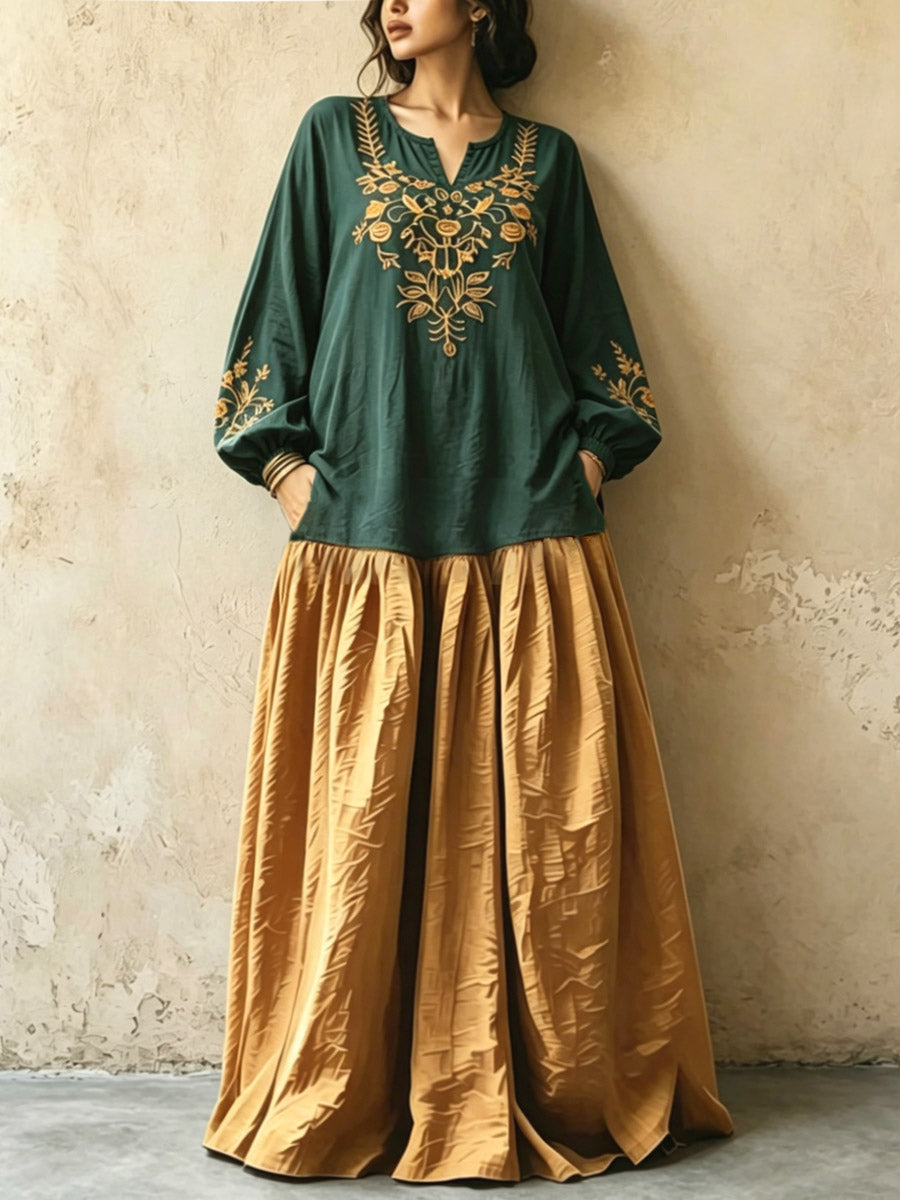 Damen Retro Ethnisches Blumenmuster Kunst Freizeit Stilvoll V-Ausschnitt Langarm Baumwolle Leinen Maxikleid