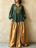 Damen Retro Ethnisches Blumenmuster Kunst Freizeit Stilvoll V-Ausschnitt Langarm Baumwolle Leinen Maxikleid