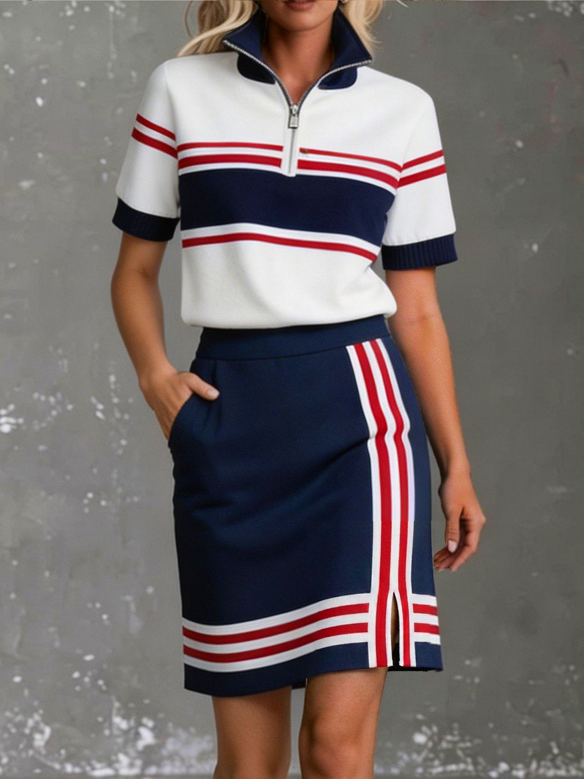 Completo sportivo da donna composto da top a maniche corte a righe con mezza cerniera e gonna con tasche