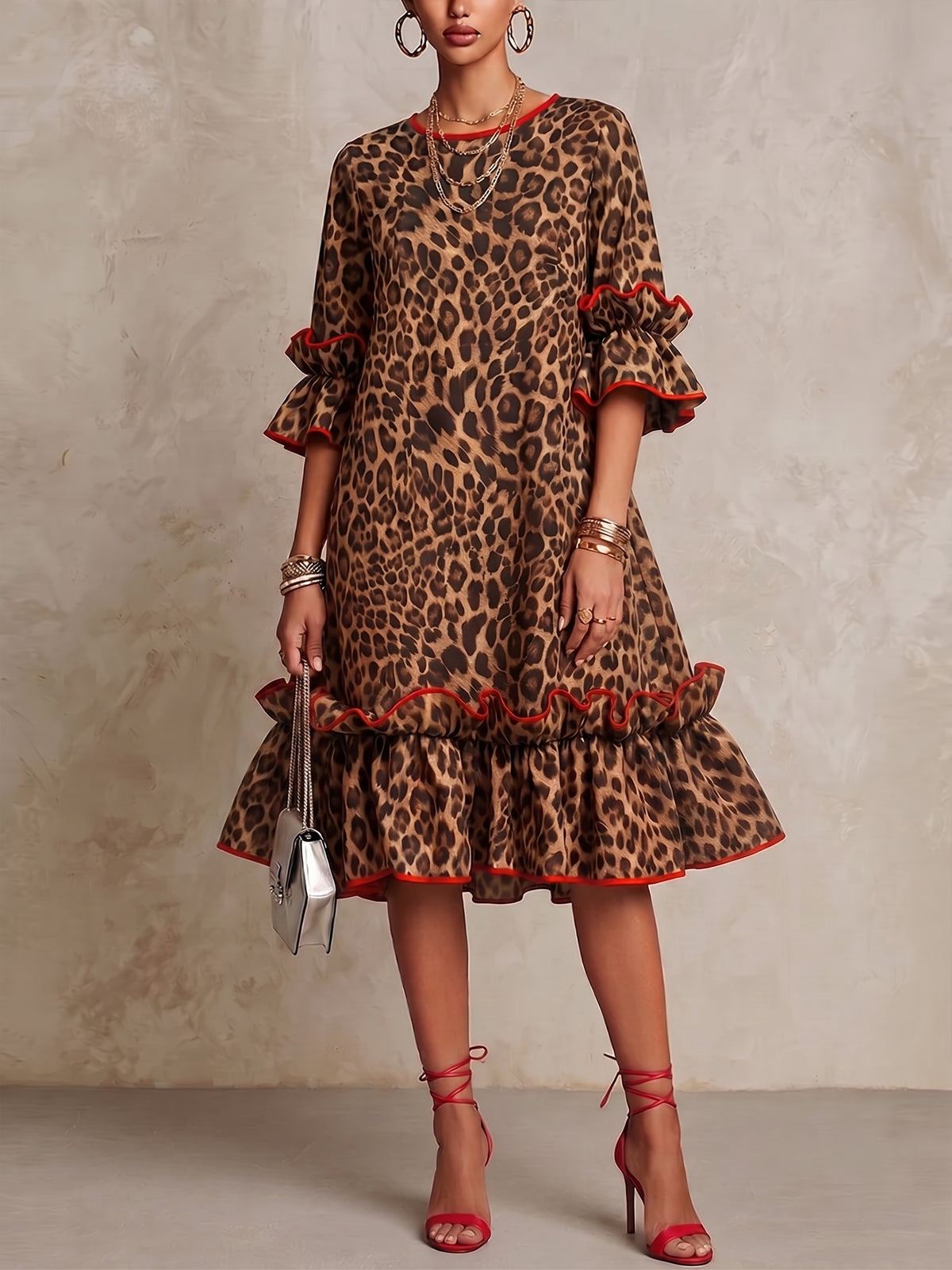 Robe élégante en lin et coton à imprimé léopard avec volants